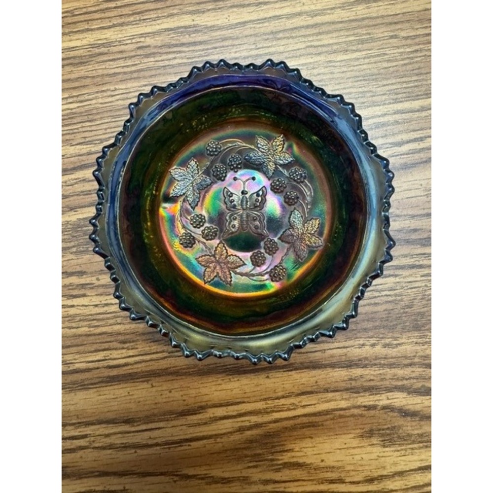 Fenton Butterfly and Berry Blue Carnival Glass Footed Bowl Iridescent Sawtooth